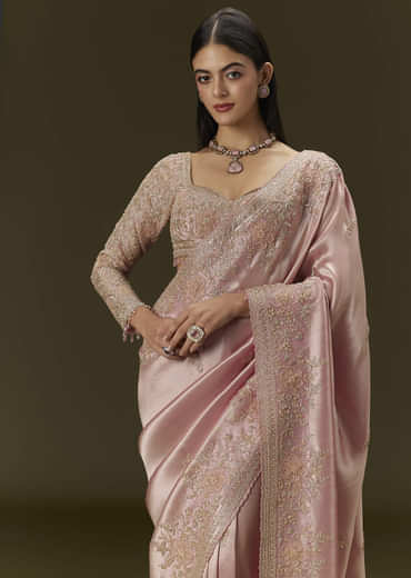 Baby Pink Tissue Saree With Velvet Embroidered Blouse