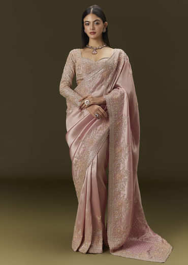 Baby Pink Tissue Saree With Velvet Embroidered Blouse