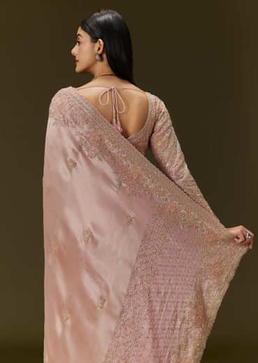 Baby Pink Tissue Saree With Velvet Embroidered Blouse