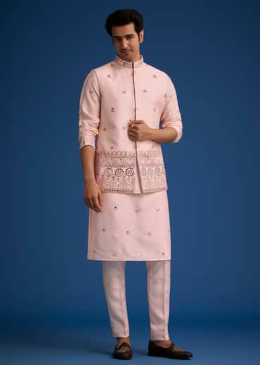 Baby Pink Tussar Kurta Jacket Set With Mirror Embroidery