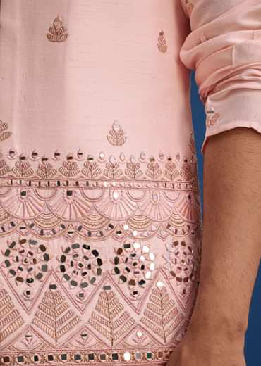 Baby Pink Tussar Kurta Jacket Set With Mirror Embroidery