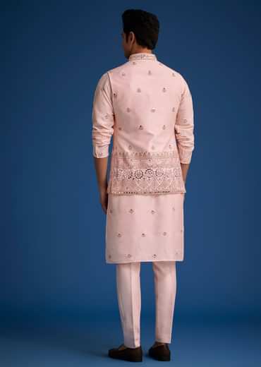 Baby Pink Tussar Kurta Jacket Set With Mirror Embroidery
