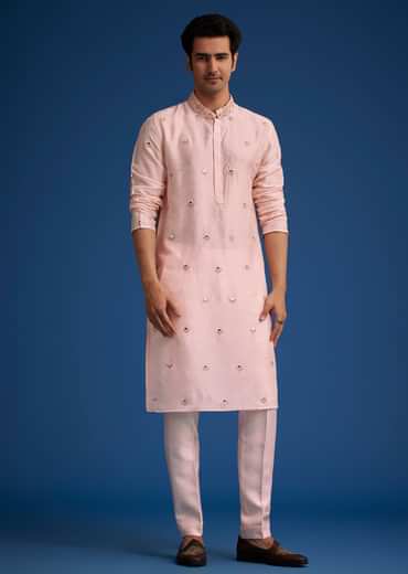 Baby Pink Tussar Kurta Jacket Set With Mirror Embroidery
