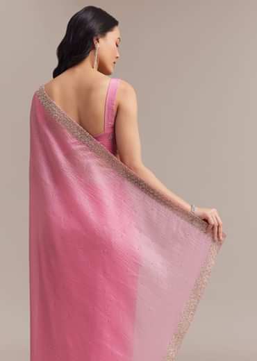 Baby Pink Crushed Tissue Saree With Embellished Border