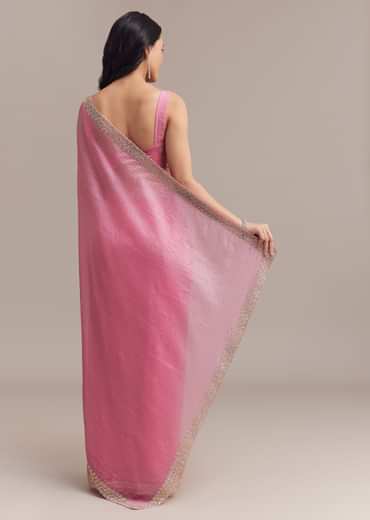 Baby Pink Crushed Tissue Saree With Embellished Border