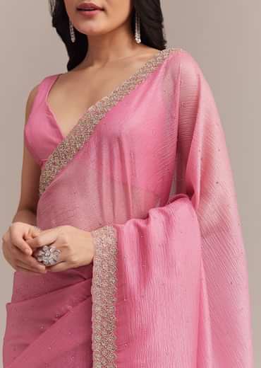Baby Pink Crushed Tissue Saree With Embellished Border