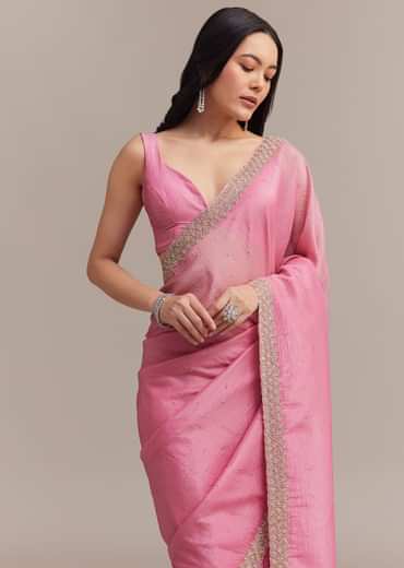 Baby Pink Crushed Tissue Saree With Embellished Border