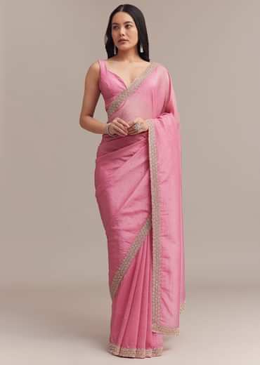 Baby Pink Crushed Tissue Saree With Embellished Border