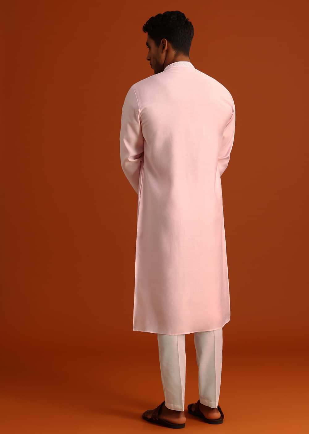 Baby Pink Hand Embroidered Kurta Set In Silk