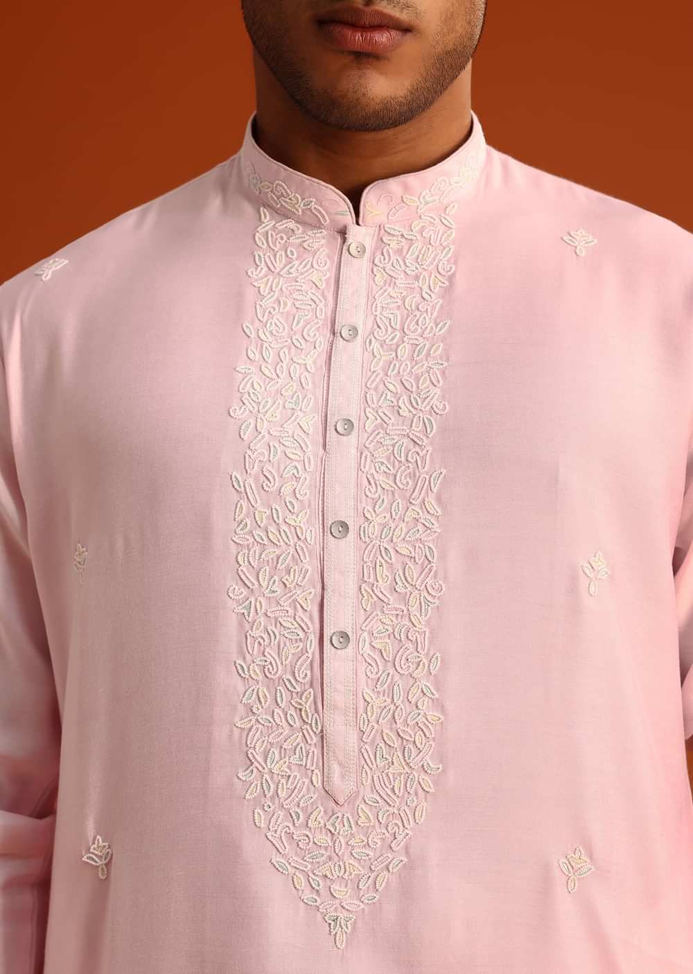 Baby Pink Hand Embroidered Kurta Set In Silk