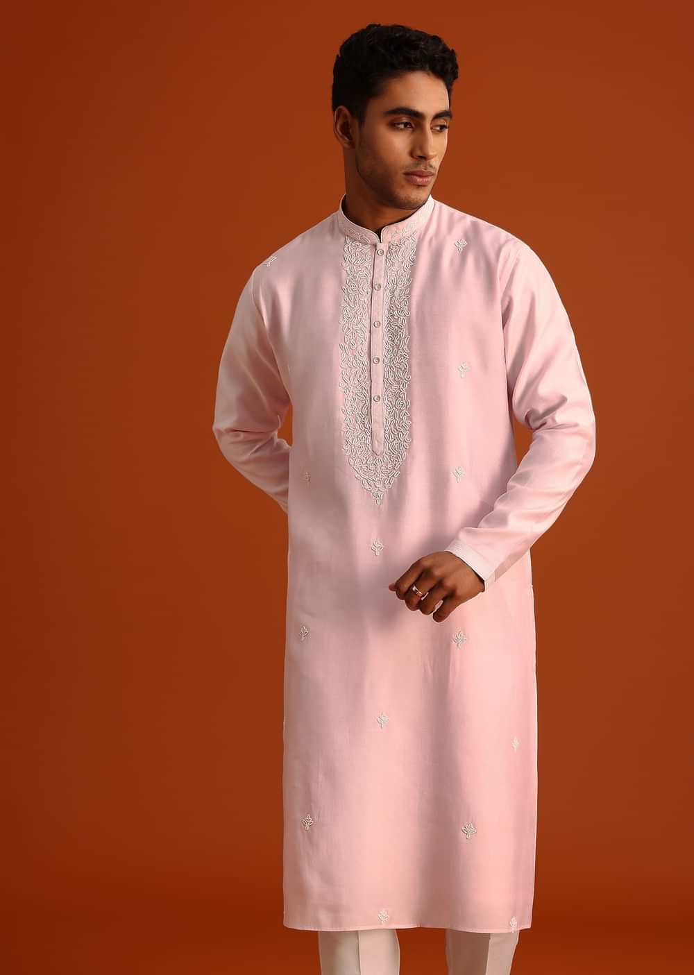 Baby Pink Hand Embroidered Kurta Set In Silk
