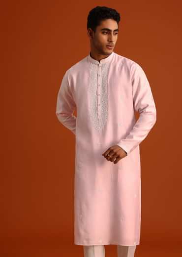 Baby Pink Hand Embroidered Kurta Set In Silk