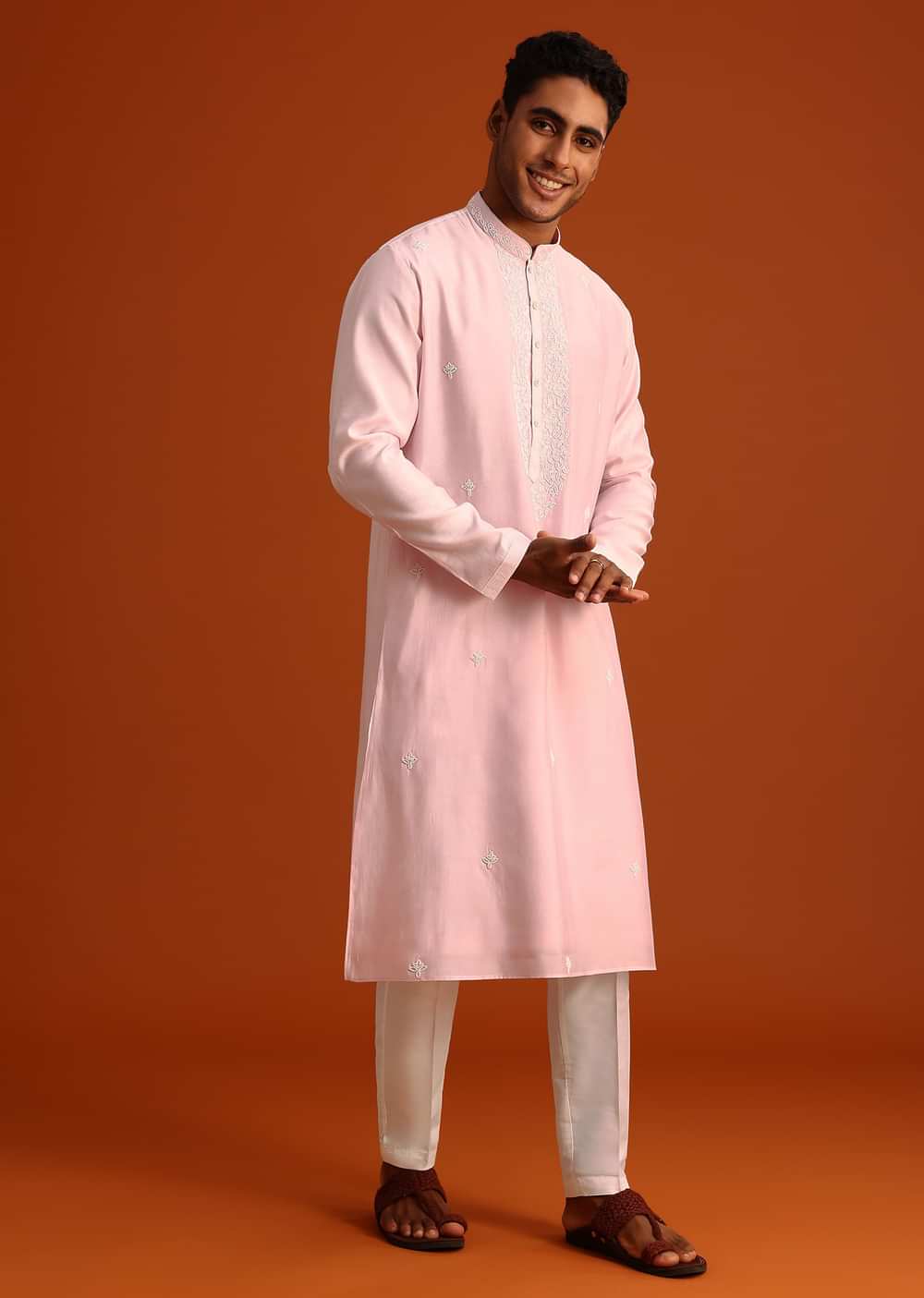 Baby Pink Hand Embroidered Kurta Set In Silk
