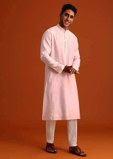 Baby Pink Hand Embroidered Kurta Set In Silk