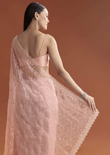 Baby Pink Organza Embroidered Saree With Jaal Work