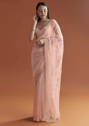 Baby Pink Organza Embroidered Saree With Jaal Work
