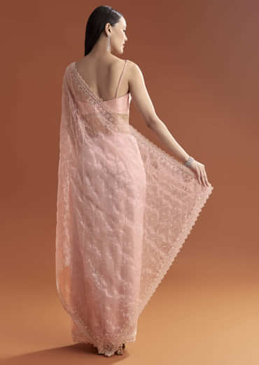 Baby Pink Organza Embroidered Saree With Jaal Work