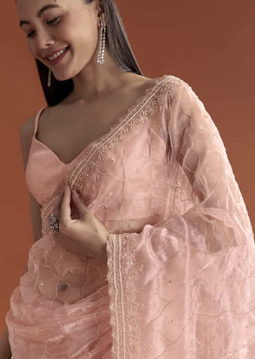 Baby Pink Organza Embroidered Saree With Jaal Work