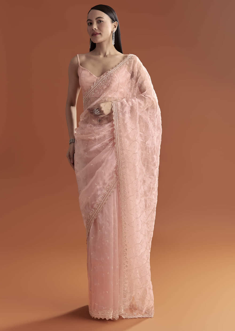 Baby Pink Organza Embroidered Saree With Jaal Work