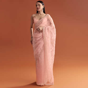 Baby Pink Organza Embroidered Saree With Jaal Work