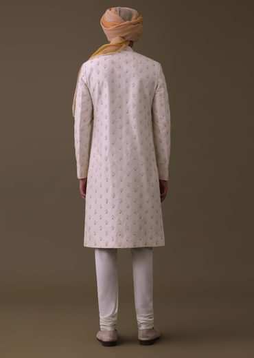 Baby Pink Sherwani Set In Silk With Moti And Sequins Work