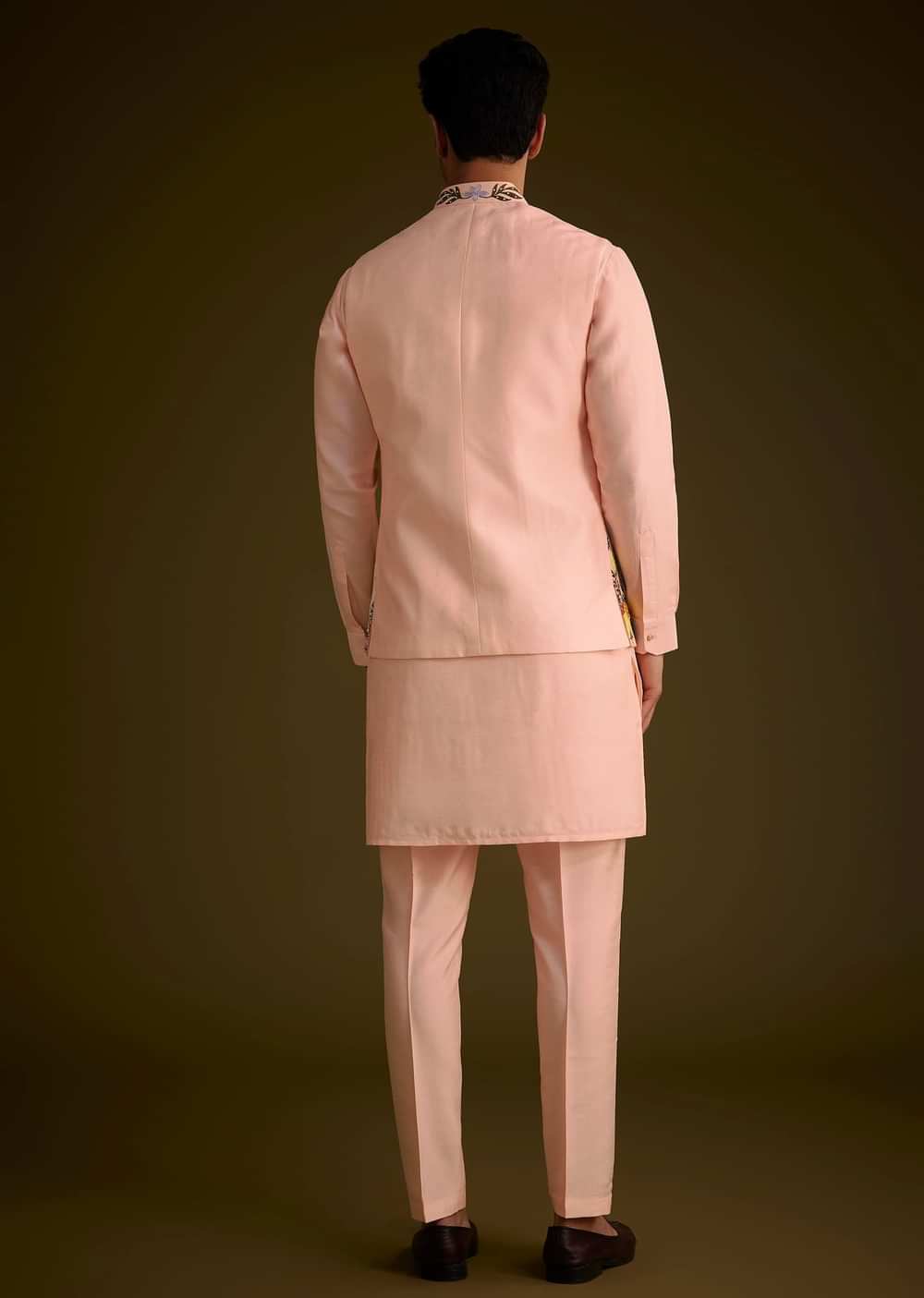 Baby Pink Silk Jacket Set With Nature Themed Patch Work