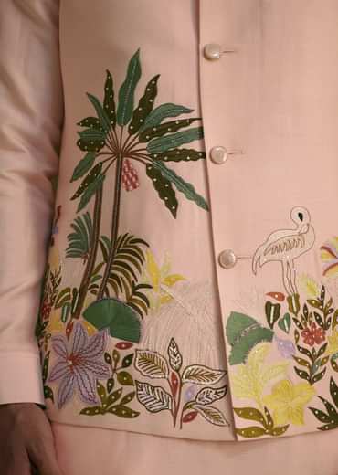 Baby Pink Silk Jacket Set With Nature Themed Patch Work