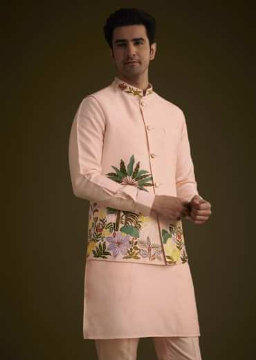 Baby Pink Silk Jacket Set With Nature Themed Patch Work