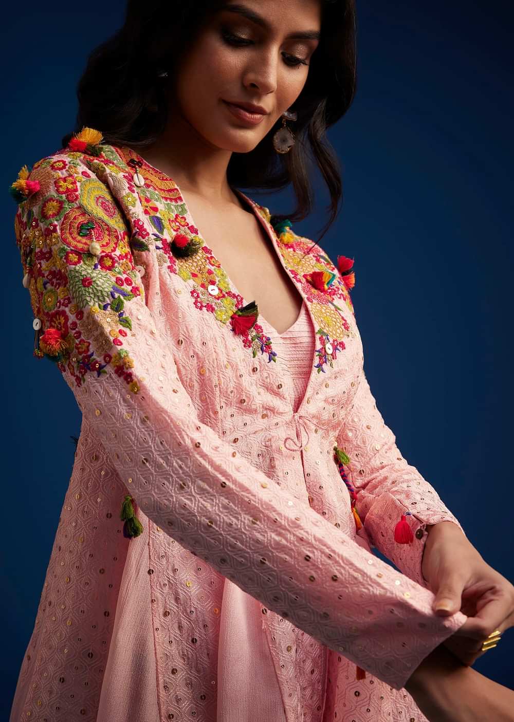 Baby Pink Silk Palazzo Set With Resham Work