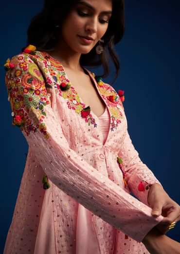 Baby Pink Silk Palazzo Set With Resham Work