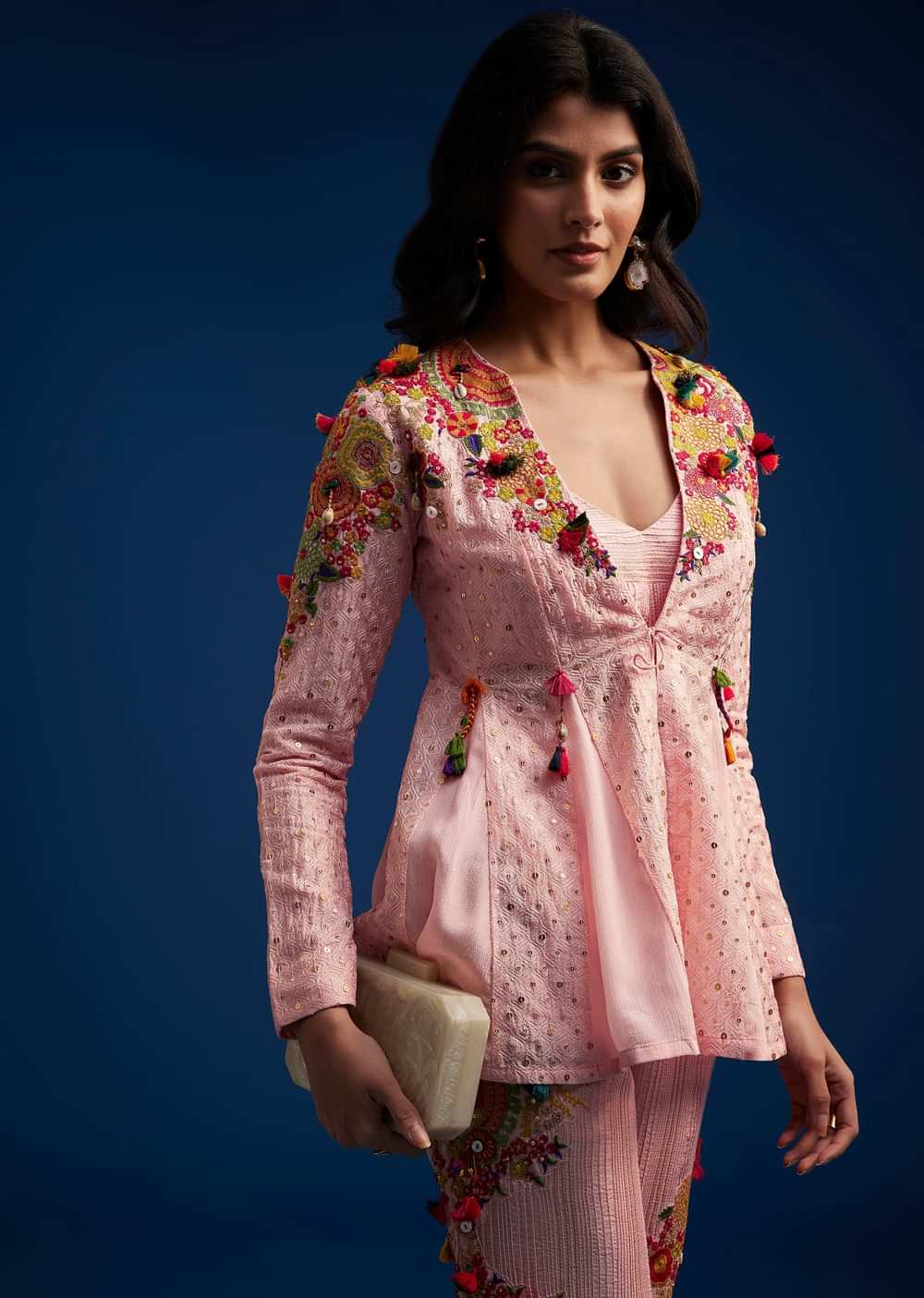 Baby Pink Silk Palazzo Set With Resham Work