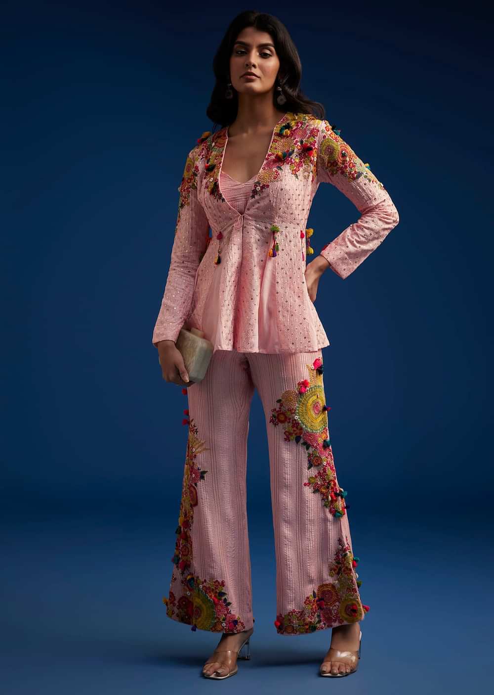 Baby Pink Silk Palazzo Set With Resham Work