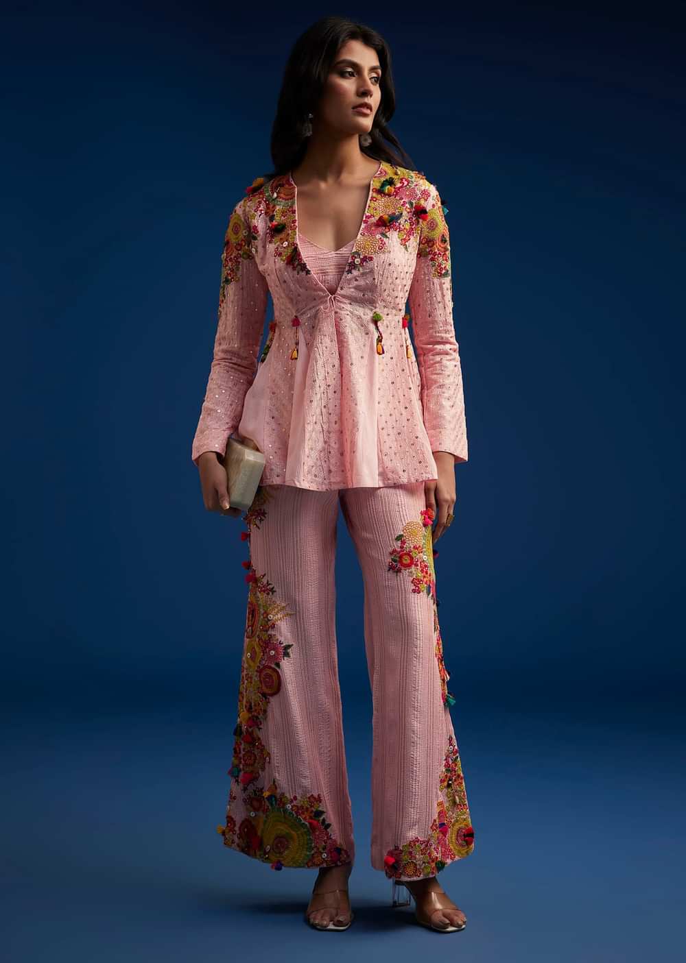 Baby Pink Silk Palazzo Set With Resham Work