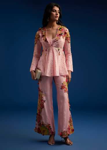 Baby Pink Silk Palazzo Set With Resham Work