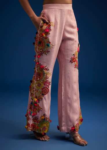 Baby Pink Silk Palazzo Set With Resham Work