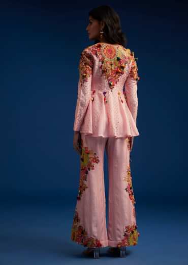 Baby Pink Silk Palazzo Set With Resham Work