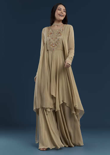 Beige Asymmetric Kurta Palazzo Set