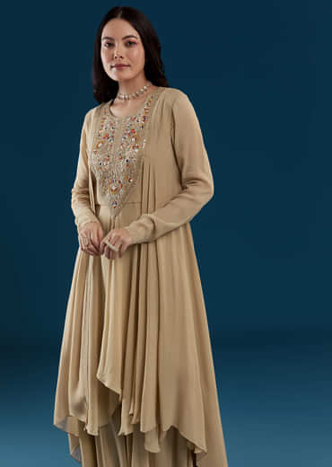Beige Asymmetric Kurta Palazzo Set