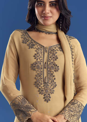 Beige Asymmetrical Georgette Beaded Kurta Pant Set With Dupatta