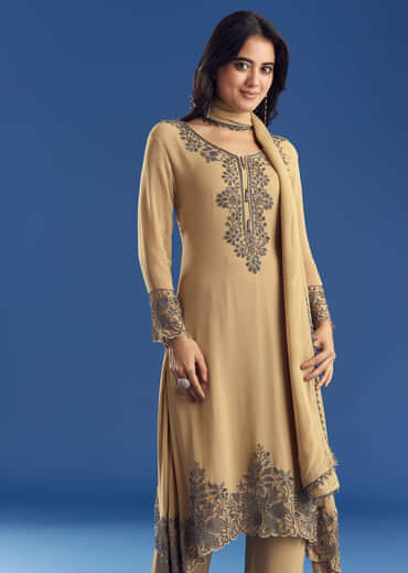 Beige Asymmetrical Georgette Beaded Kurta Pant Set With Dupatta