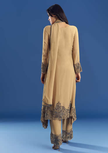 Beige Asymmetrical Georgette Beaded Kurta Pant Set With Dupatta