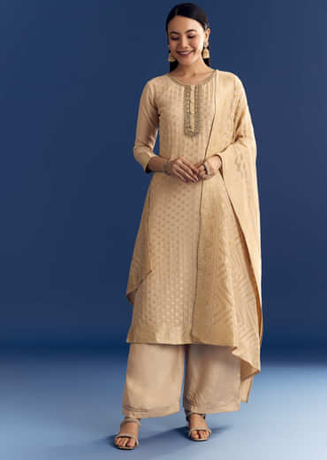 Beige Banarasi Georgette Kurta Set With Zardosi Neckline