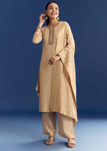 Beige Banarasi Georgette Kurta Set With Zardosi Neckline