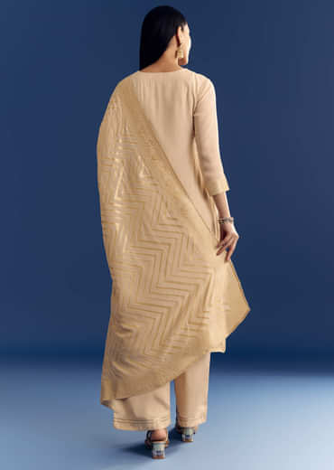 Beige Banarasi Georgette Kurta Set With Zardosi Neckline