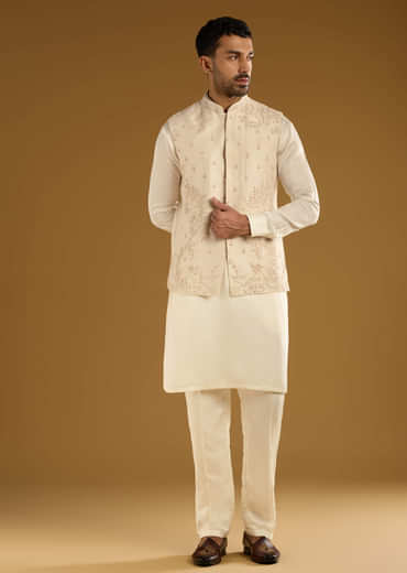 Beige Banarasi Silk Kurta Jacket Set For Men With Hand Embroidery