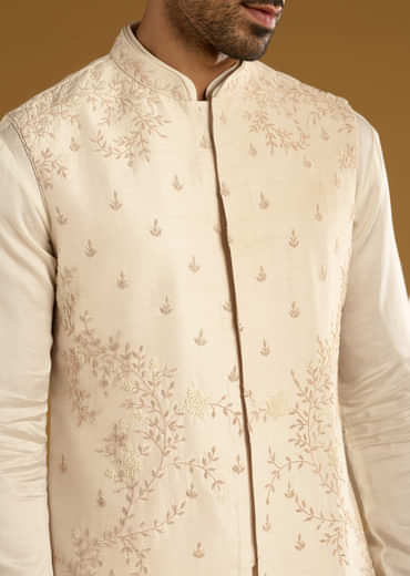 Beige Banarasi Silk Kurta Jacket Set For Men With Hand Embroidery