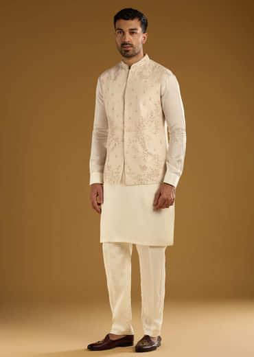 Beige Banarasi Silk Kurta Jacket Set For Men With Hand Embroidery