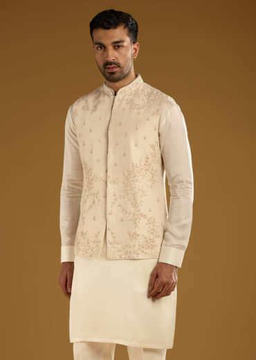 Beige Banarasi Silk Kurta Jacket Set For Men With Hand Embroidery