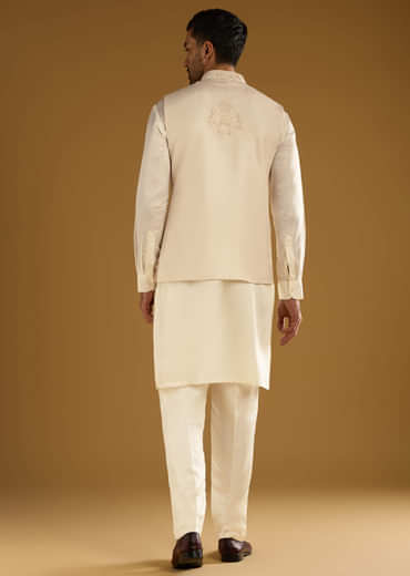 Beige Banarasi Silk Kurta Jacket Set For Men With Hand Embroidery