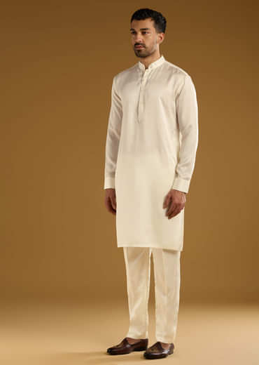 Beige Banarasi Silk Kurta Jacket Set For Men With Hand Embroidery